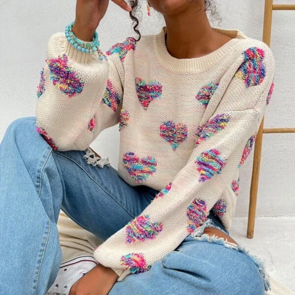 06 Cozy Hearts Print Oversized Knit Sweater Top - Picture 5 of 14